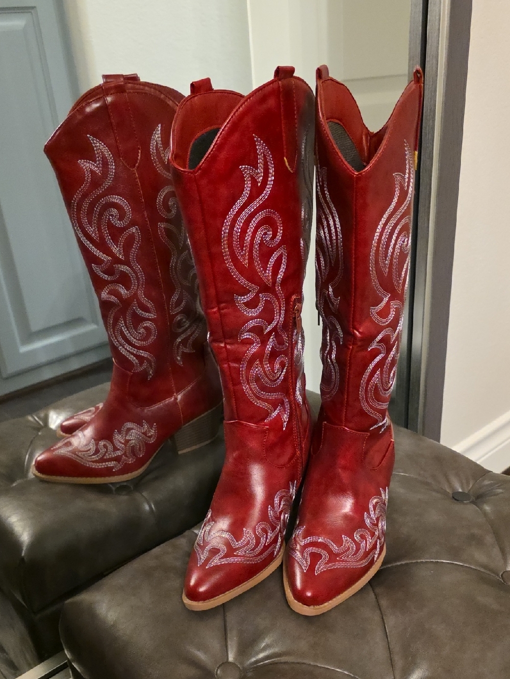 Women's Red Embroidered Over-the-Knee Boots